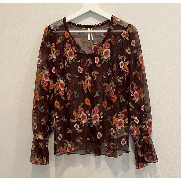 Anthropologie Feather Bone Top XS Size Ruffled Giralda Blouse Embroidery Floral - Picture 8 of 13